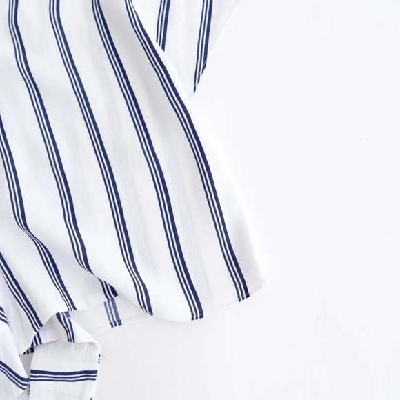 Aritzia Wilfred Free Navy & White Stripe Cropped Tie Blouse Sailor Shirt XXS - Picture 5 of 12